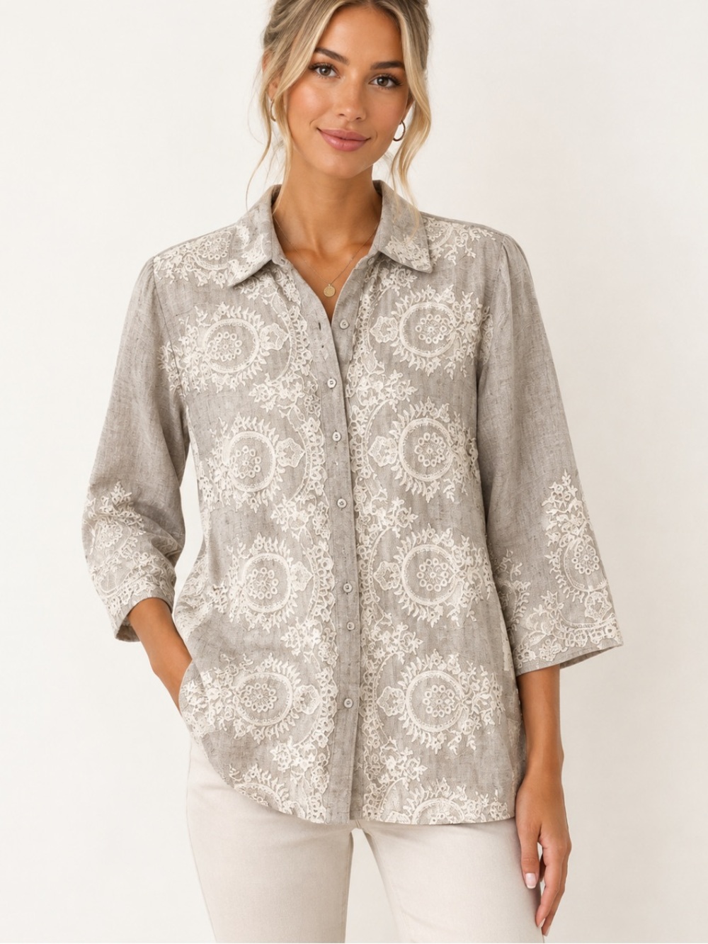 Soft Surroundings Petite Medium Linen Embroidered Eyelet Lace Tunic Button Down